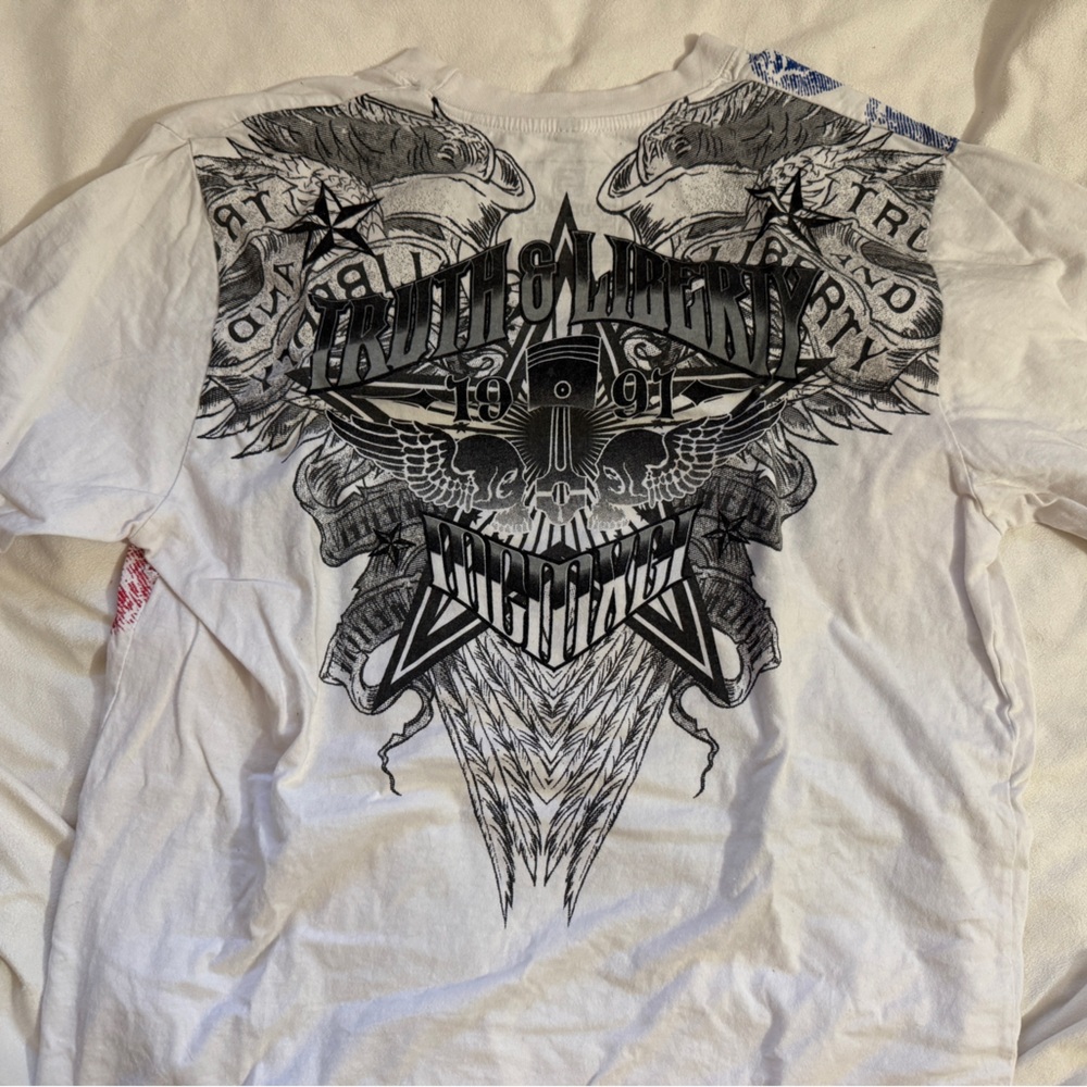 white y2k graphic t shirt with front and back design